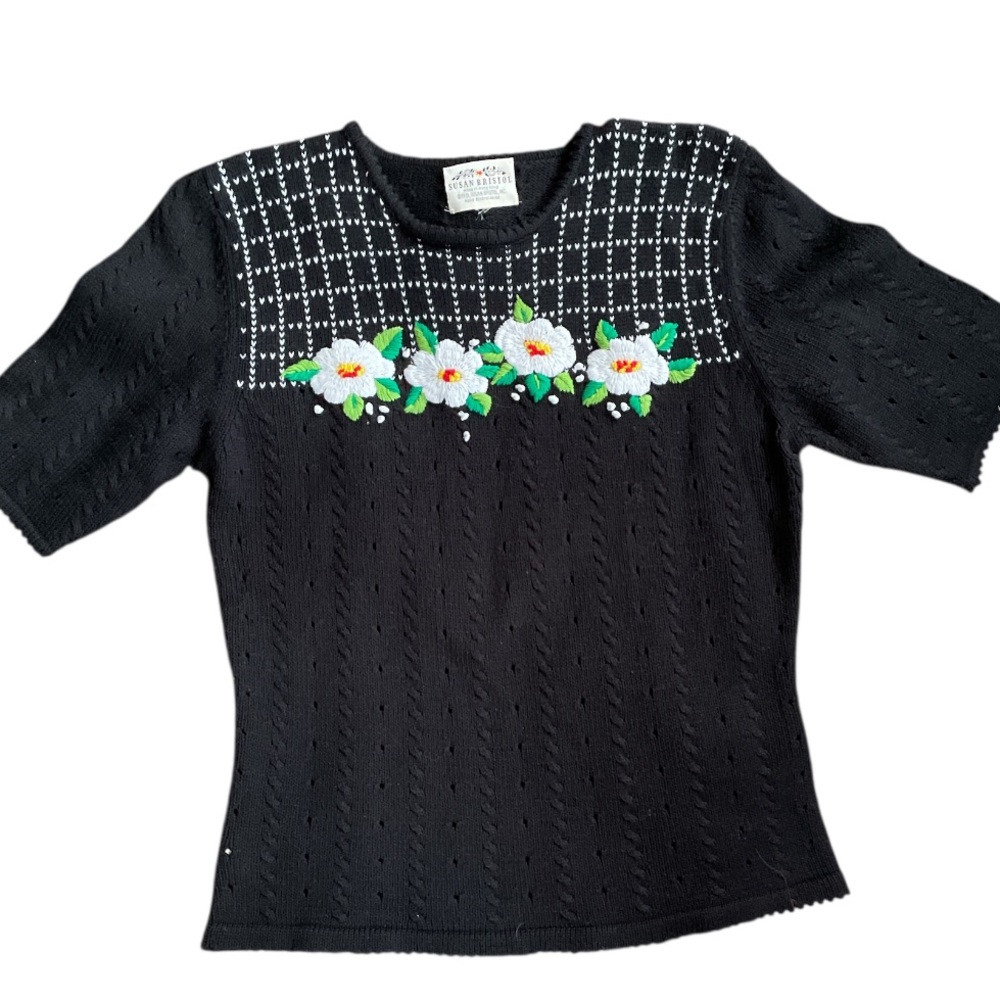 Susan Bristol 1990’s black Vgt sweater embroidery floral granny core small
